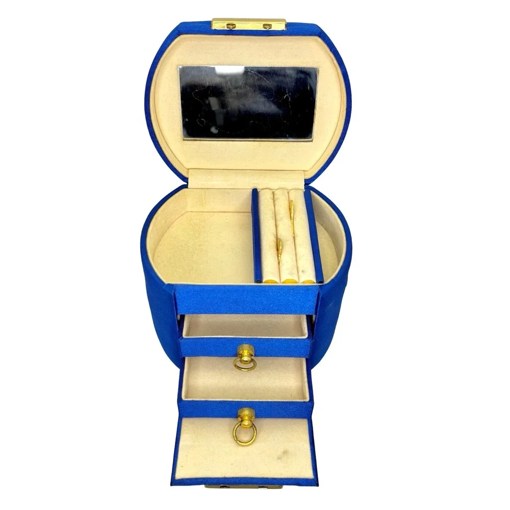 Vintage Blue Travel Jewelry Box Case w/ Mirror Drawers‎ & Keys Gold Hardware